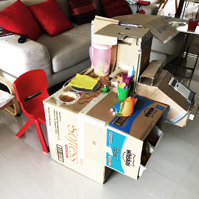 Finished mini cardboard kitchen setup